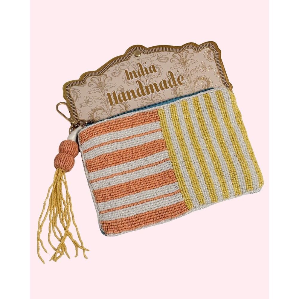 India Handmade Beaded Striped Pouch Large Orange Yellow Blue Keychain Tassel NWT